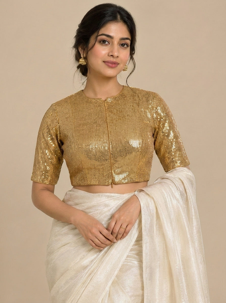 Nitara Mood | 2-Way Zipper Elbow-Sleeved Gold Sequin FlexiFitFit™ Saree Blouse