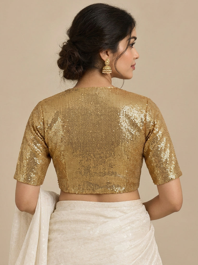 Nitara Mood | 2-Way Zipper Elbow-Sleeved Gold Sequin FlexiFitFit™ Saree Blouse