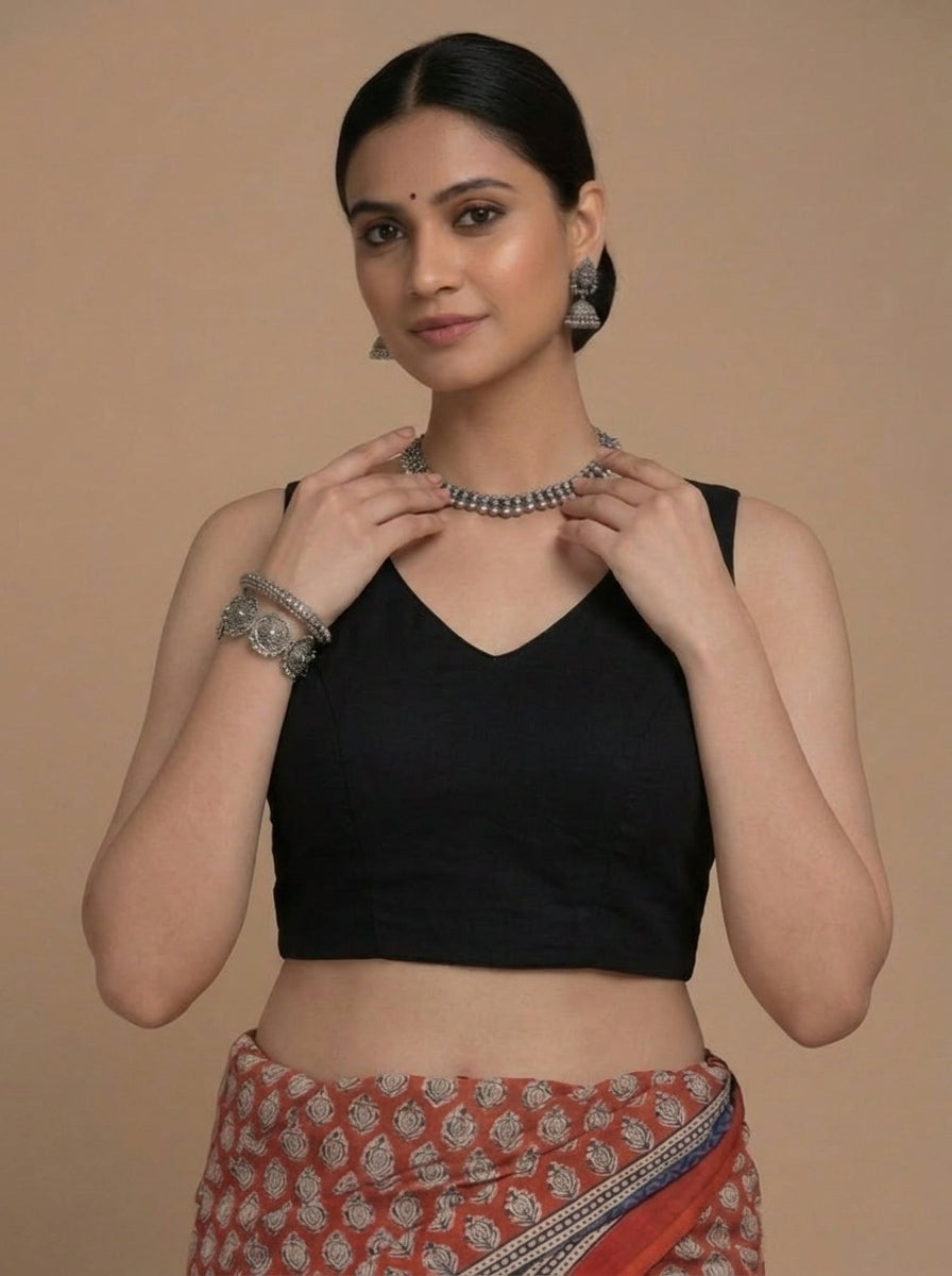 Ardha | Duet Reversible Blockprinted Warli Print & Black Blockprinted Cotton CinchFit™ Saree Blouse