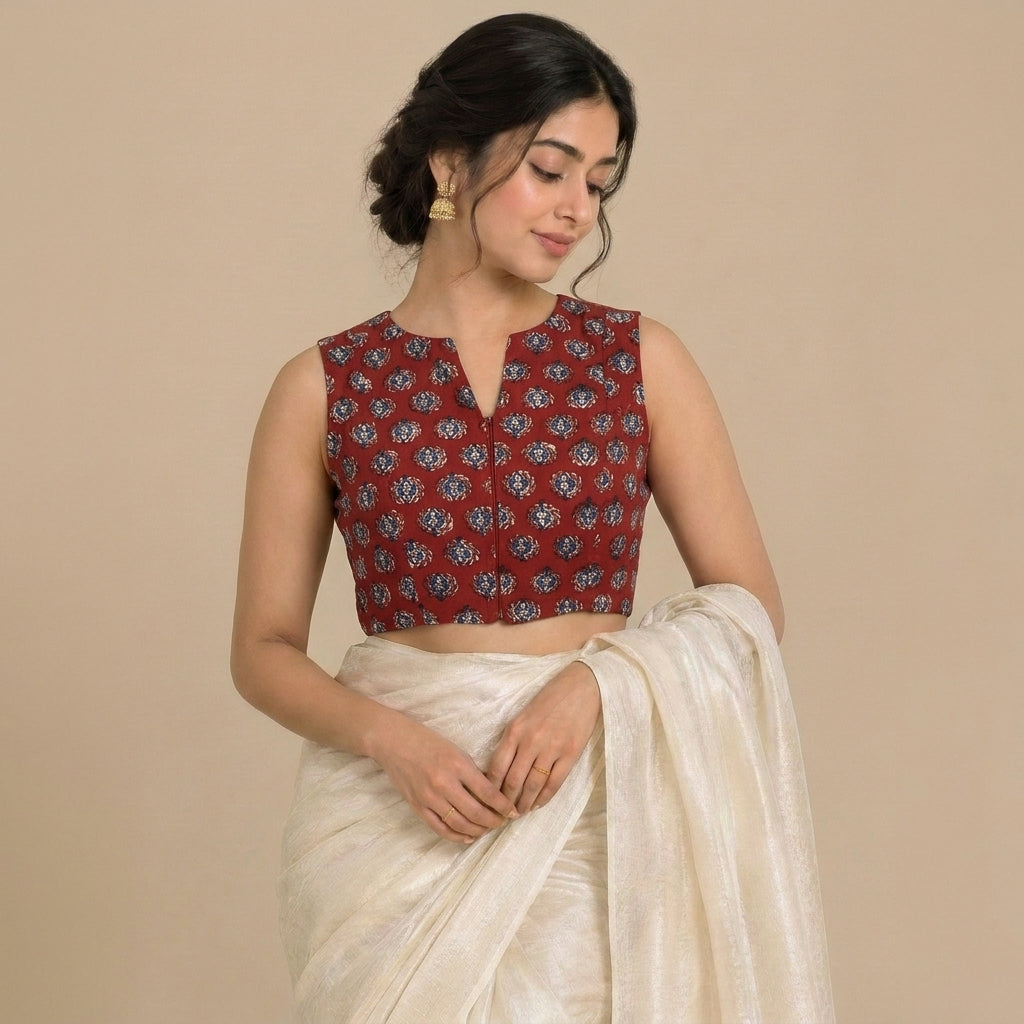 Madhvi Mood | 2-Way Zipper Sleeveless Crimson Field Handblock Printed Handblock Printed Cotton FlexiFitFit™ Saree Blouse