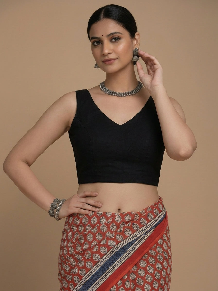 Ardha | Duet Reversible Blockprinted Red Mango & Black Solid Cotton CinchFit™ Saree Blouse
