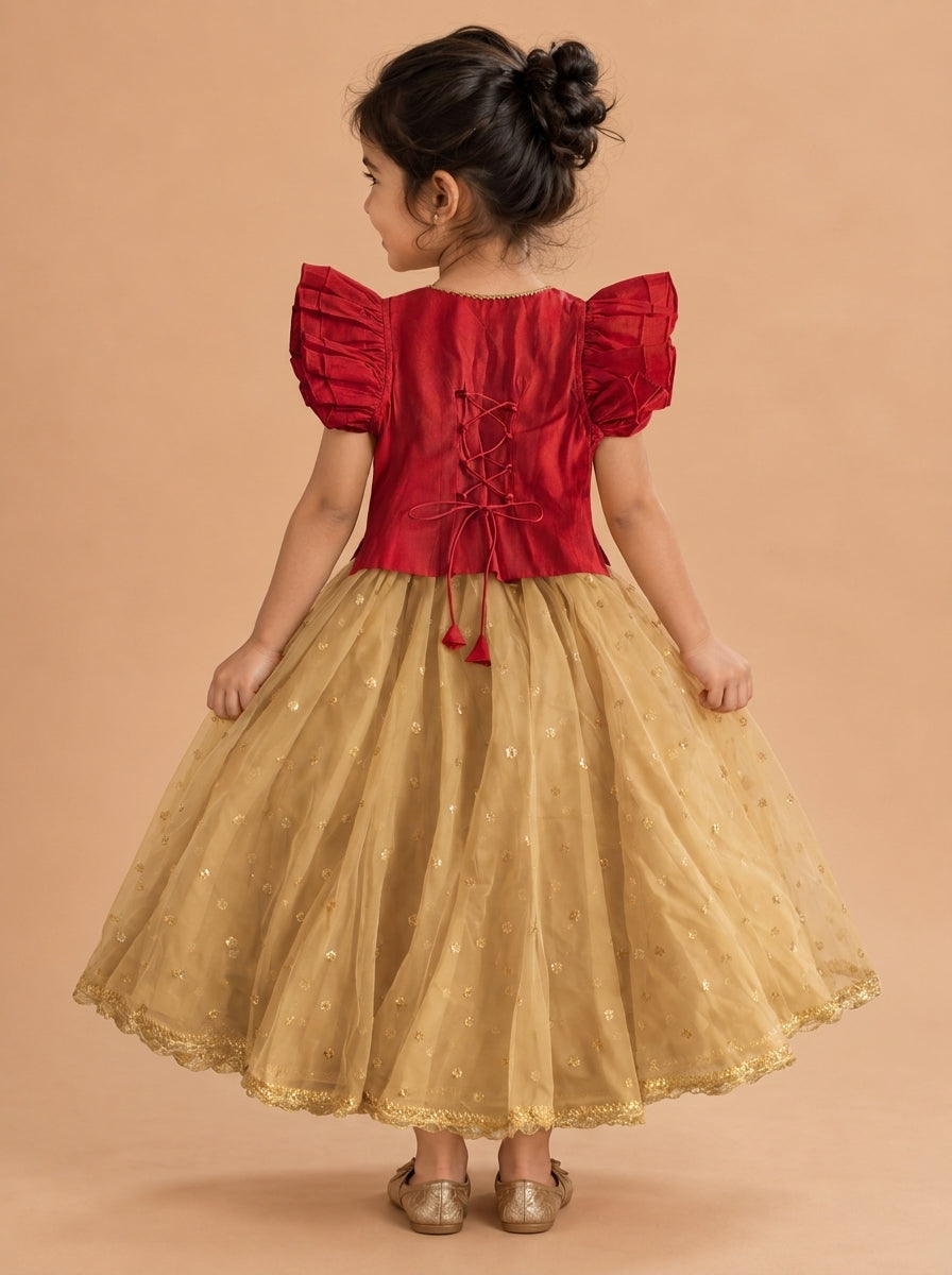 Gilheri x Tyohaar | Velvet Red & Gold Chandheri-Organza Ruffle Sleeve Lehenga Set
