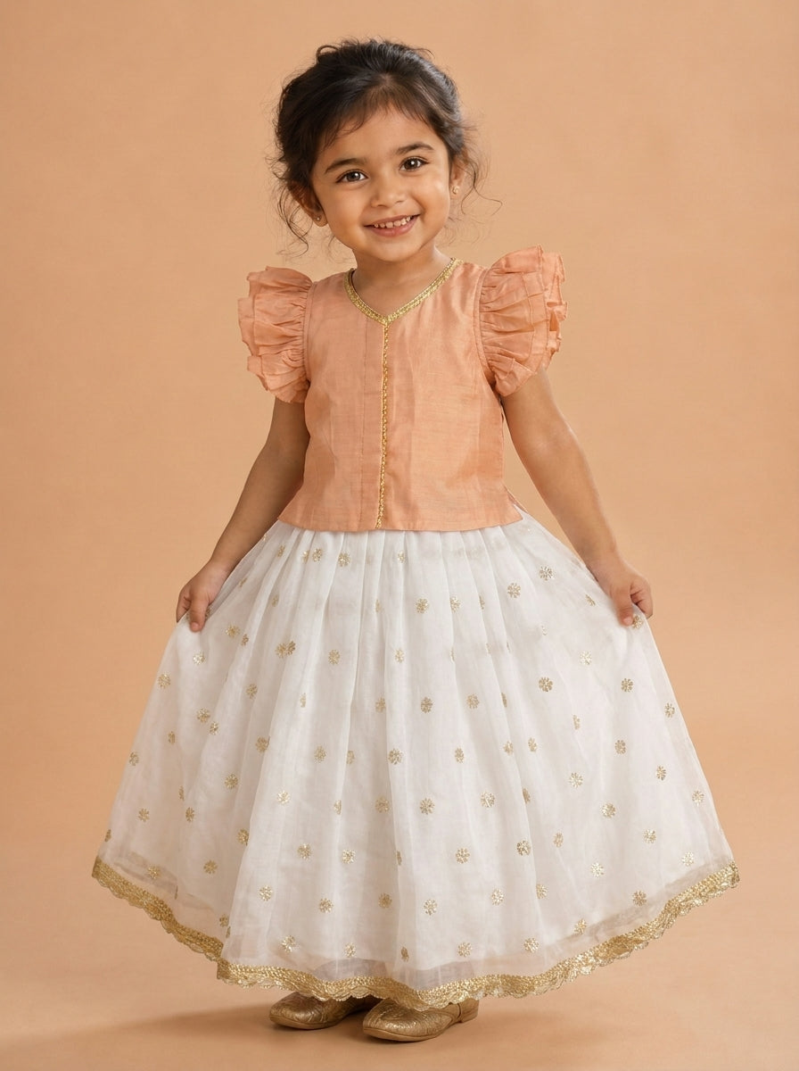Gilheri x Tyohaar | White & Peach Chandheri-Organza Ruffle Sleeve Lehenga Set