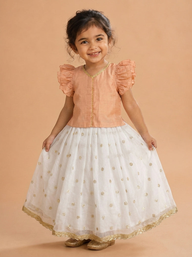 Gilheri x Tyohaar | White & Peach Chandheri-Organza Ruffle Sleeve Lehenga Set
