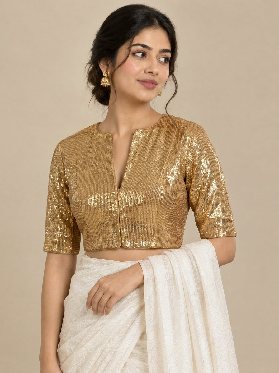 Nitara Mood | 2-Way Zipper Elbow-Sleeved Gold Sequin FlexiFitFit™ Saree Blouse