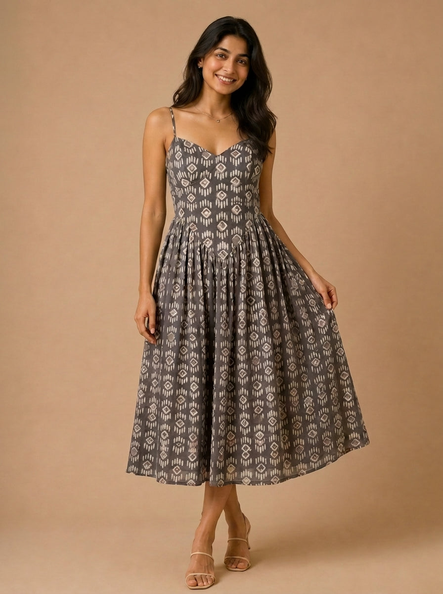 Jessica | Sweetheart Neck Brown Tribal Printed Cotton CinchFit™ Dress
