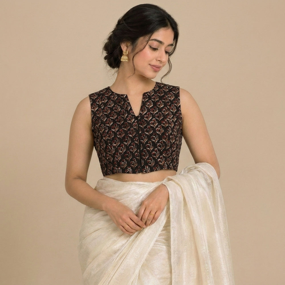 Madhvi Mood | 2-Way Zipper Sleeveless Midnight Lily Handblock Printed Handblock Printed Cotton FlexiFitFit™ Saree Blouse