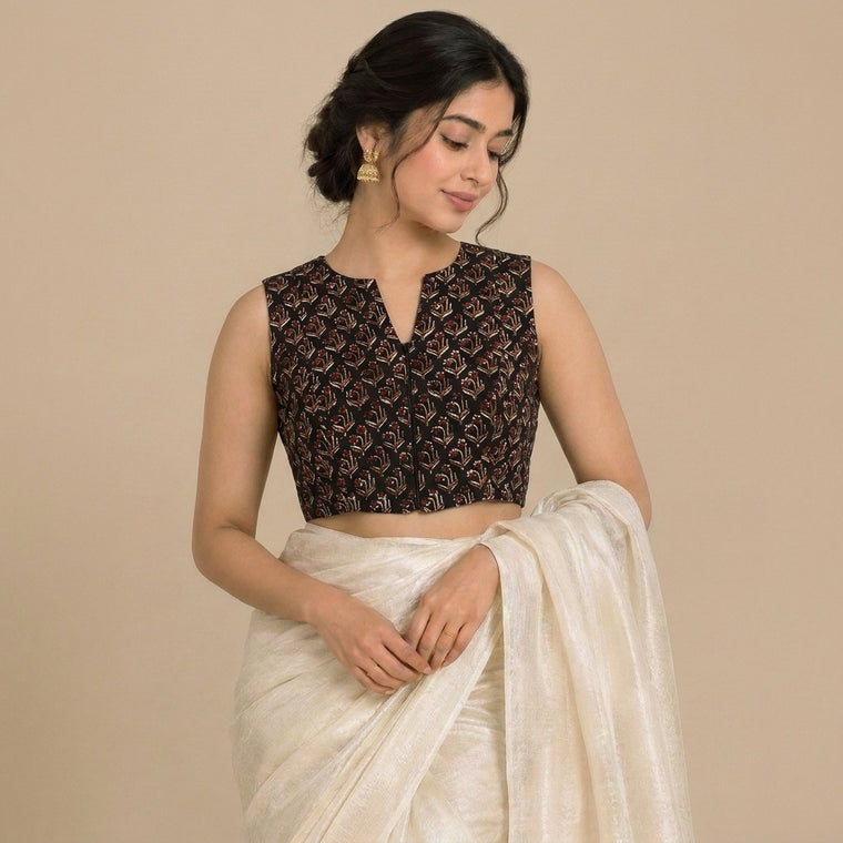 Madhvi Mood | 2-Way Zipper Sleeveless Midnight Lily Handblock Printed Handblock Printed Cotton FlexiFitFit™ Saree Blouse