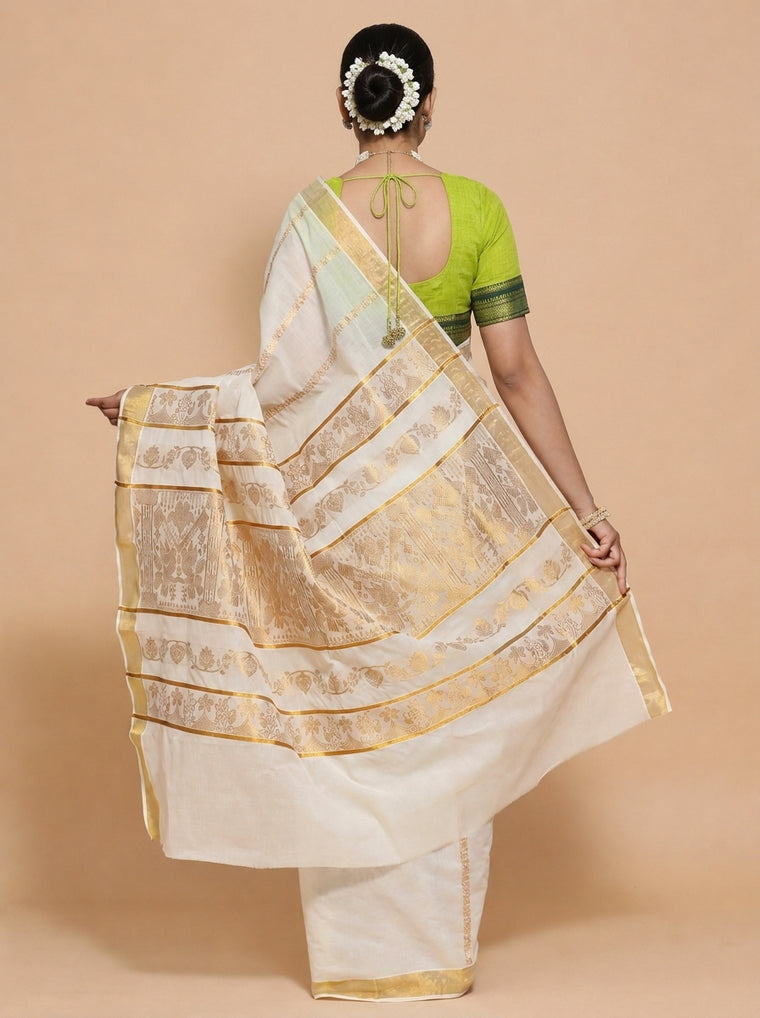 Kasavu-Kit Kasavu Saree with Varsha Sleeveless blouse in Radiant Citron Mangalgiri