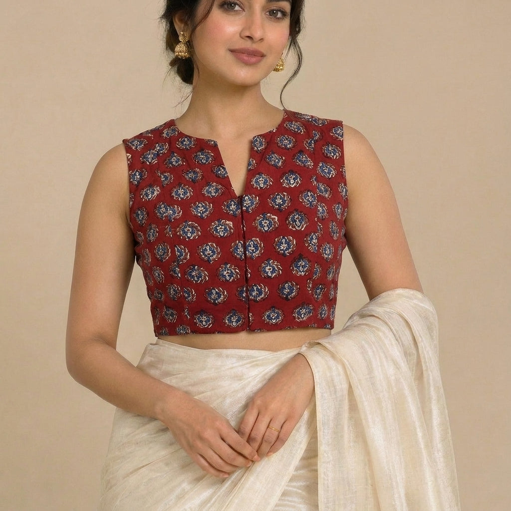 Madhvi Mood | 2-Way Zipper Sleeveless Crimson Field Handblock Printed Handblock Printed Cotton FlexiFitFit™ Saree Blouse