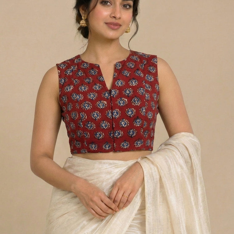 Madhvi Mood | 2-Way Zipper Sleeveless Crimson Field Handblock Printed Handblock Printed Cotton FlexiFitFit™ Saree Blouse