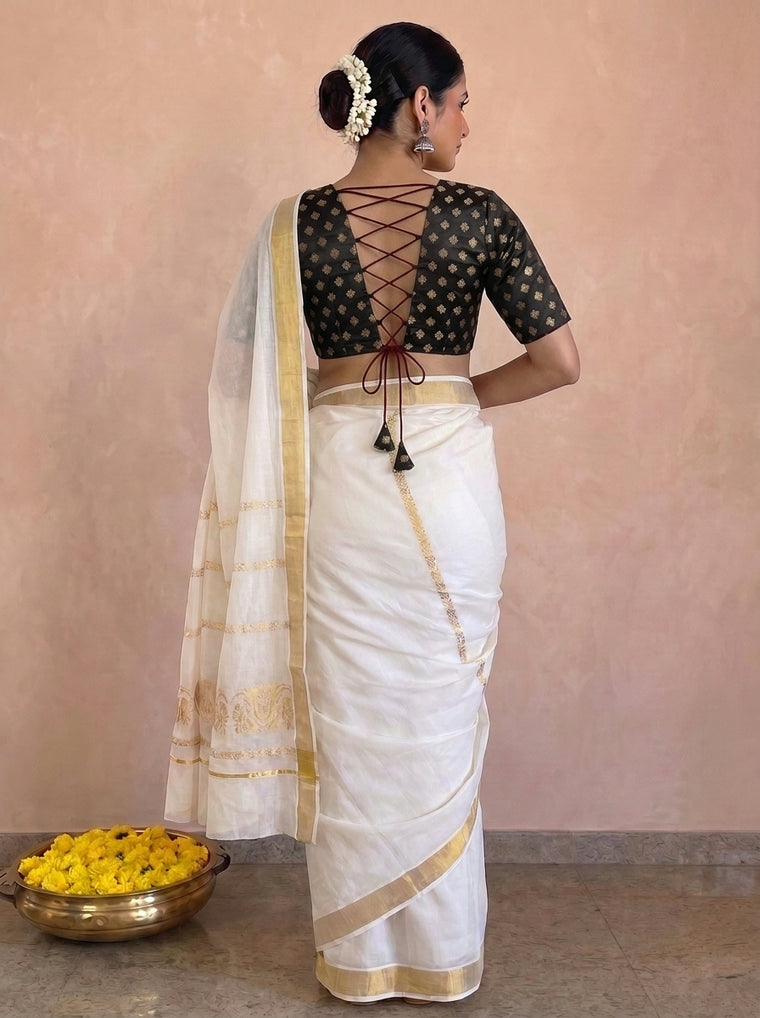 Kasavu-Kit Kasavu Saree with Aabha Elbow Sleeve blouse in Black Butta Satin Viscose