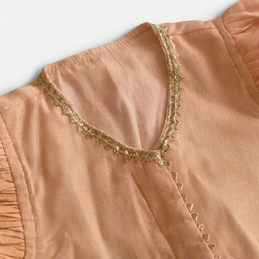 Gilheri x Tyohaar | Peach & Blue Chandheri-Organza Ruffle Sleeve Lehenga Set