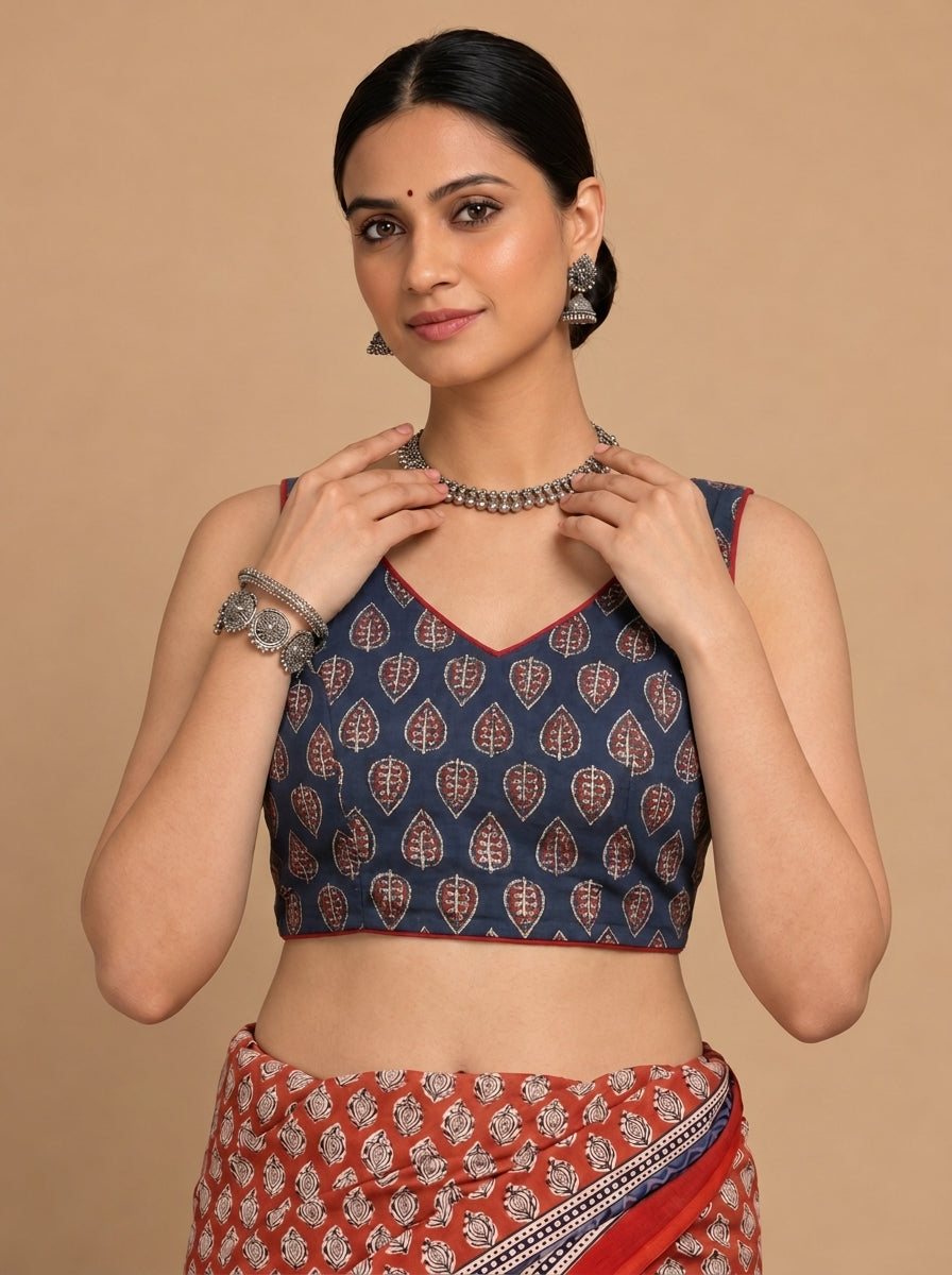 Ardha | Duet Reversible Blockprinted Indigo Leaf & Red Solid Cotton CinchFit™ Saree Blouse