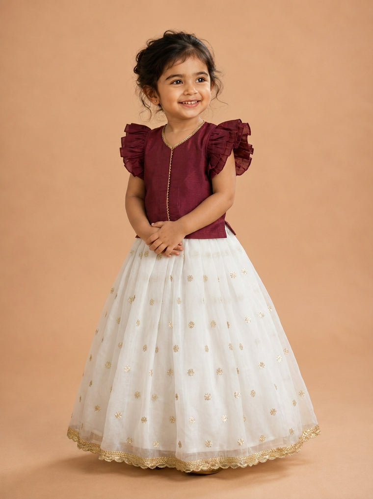 Gilheri x Tyohaar | Burgundy & White Chandheri-Organza Ruffle Sleeve Lehenga Set