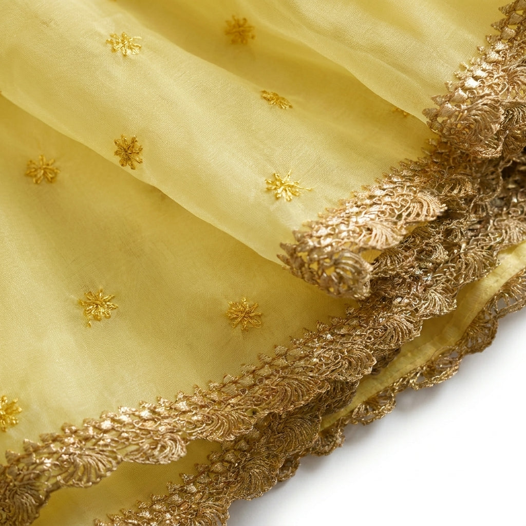 Gilheri x Tyohaar | Green & Yellow Chandheri-Organza Ruffle Sleeve Lehenga Set