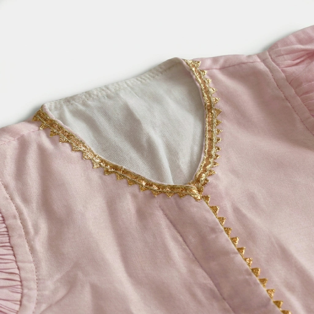 Gilheri x Tyohaar | Baby Pink & Green Chandheri-Organza Ruffle Sleeve Lehenga Set