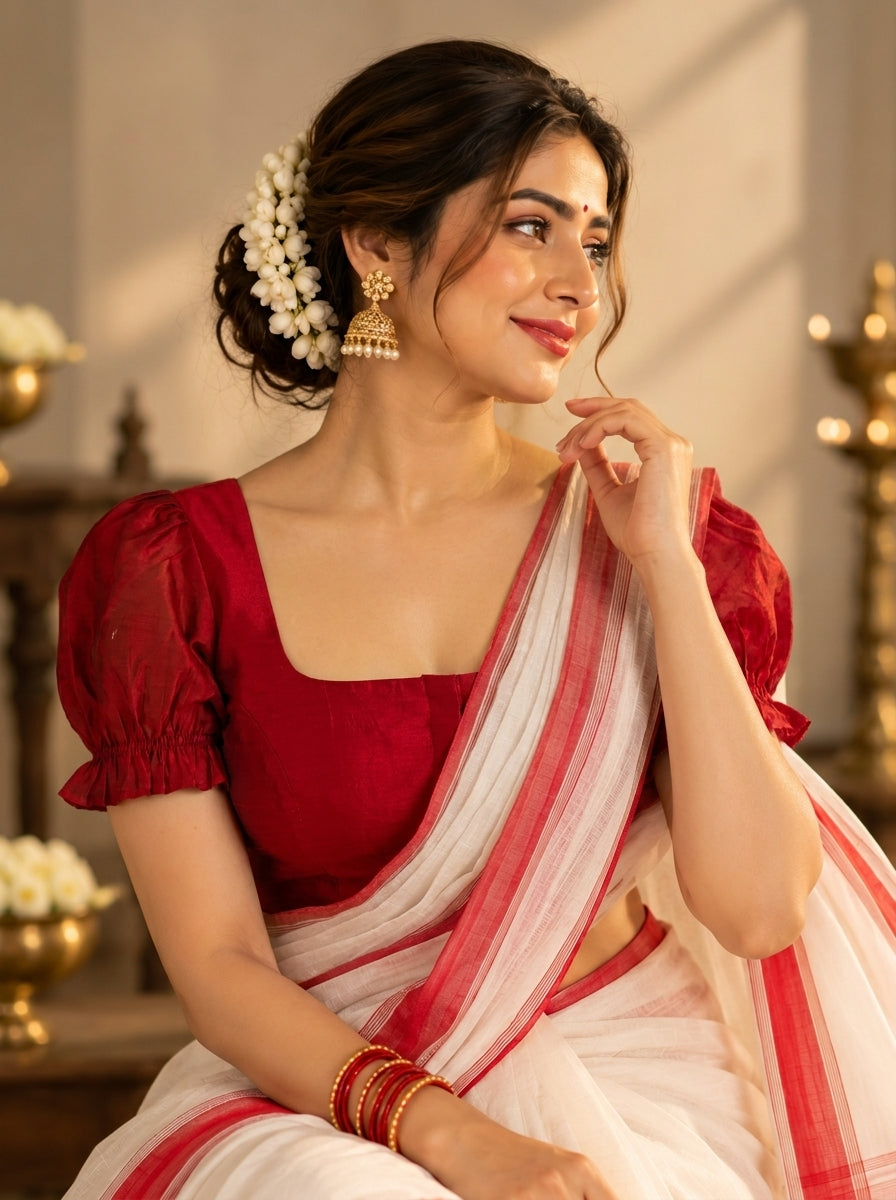 Devi | Puff Sleeve Embroidered Velvet Red Plain Chandheri SculptFit™ Saree Blouse