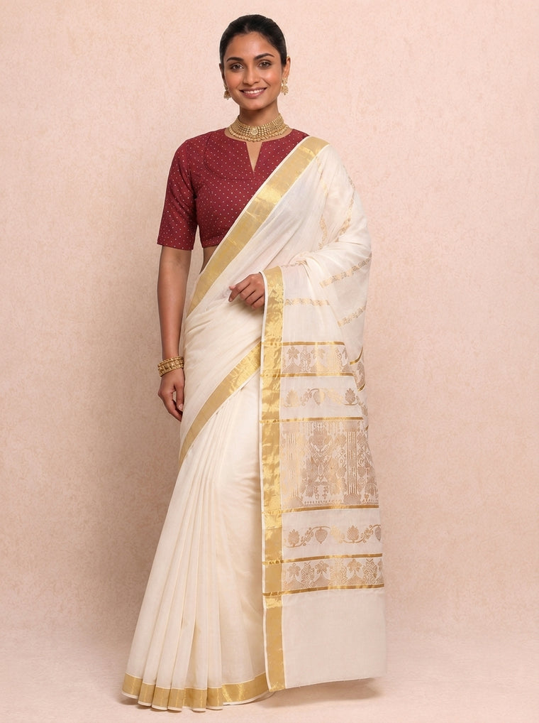 Kasavu-Kit Kasavu Saree with Bindu Elbow Sleeve blouse in Red Foil Chandheri