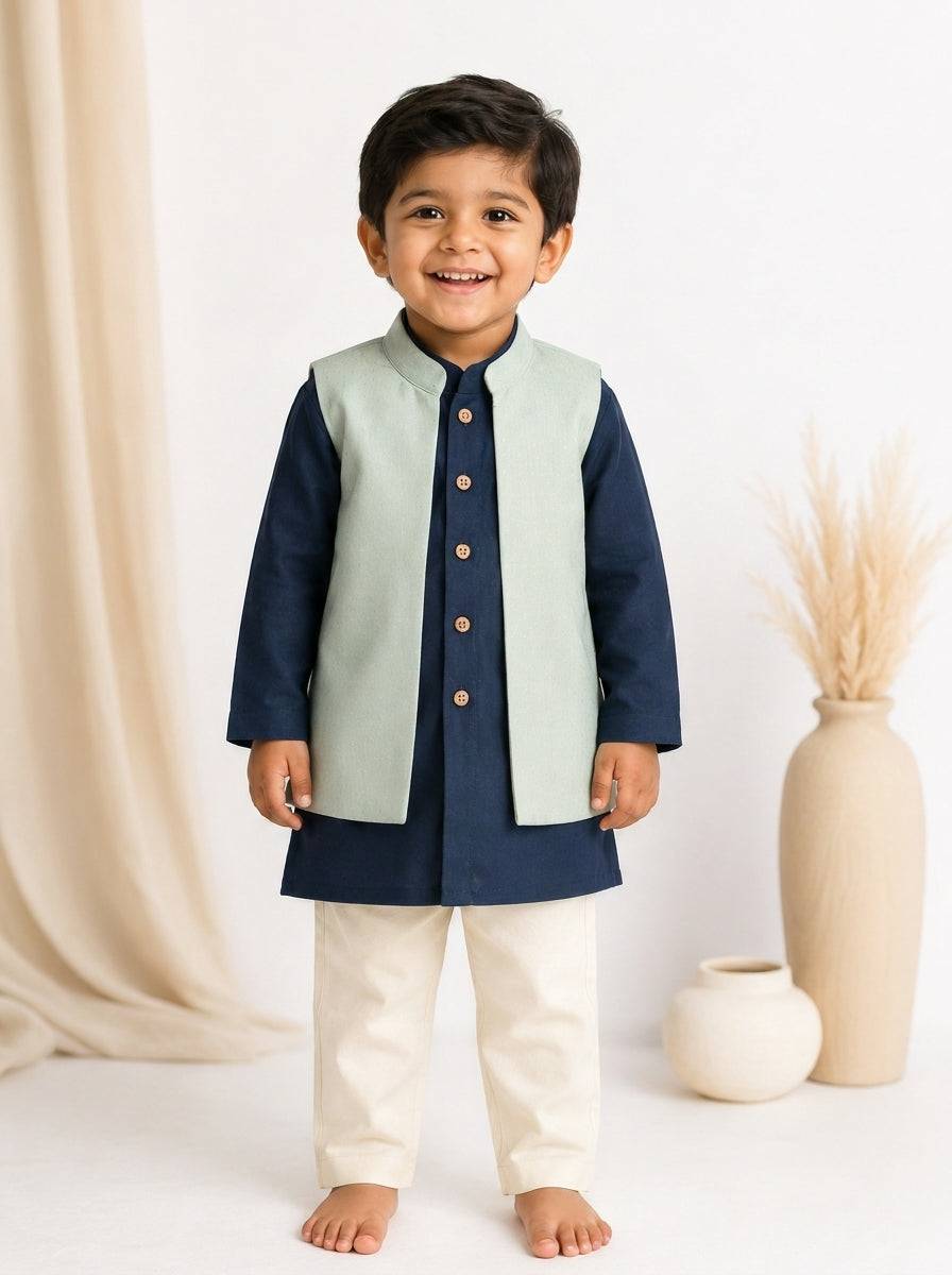 Sher x Tyohaar | Navy Linen-Chandheri Kurta Pant & Jacket Set