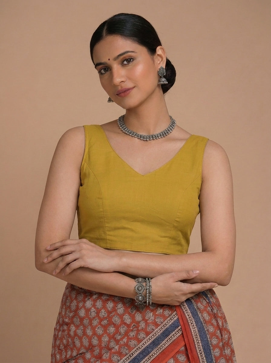 Ardha | Duet Reversible Blockprinted Indigo Spade & Yellow Blockprinted Cotton CinchFit™ Saree Blouse
