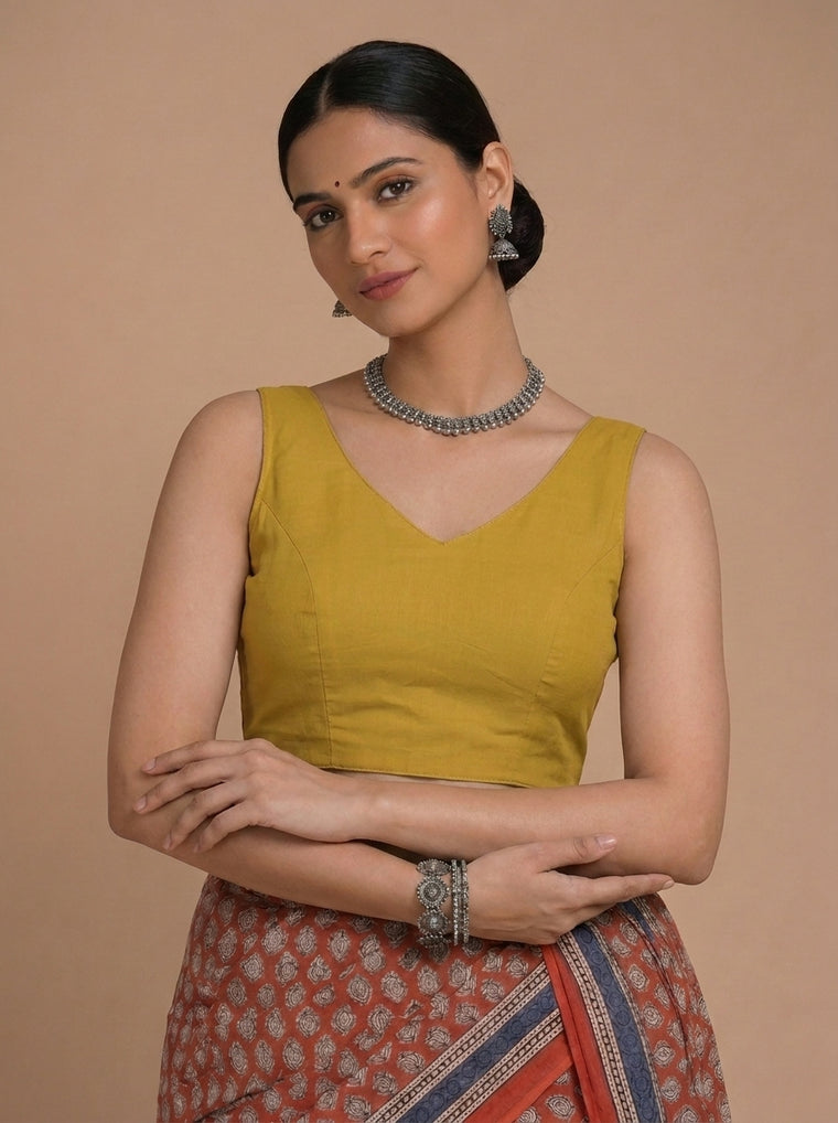 Ardha | Duet Reversible Blockprinted Indigo Spade & Yellow Blockprinted Cotton CinchFit™ Saree Blouse
