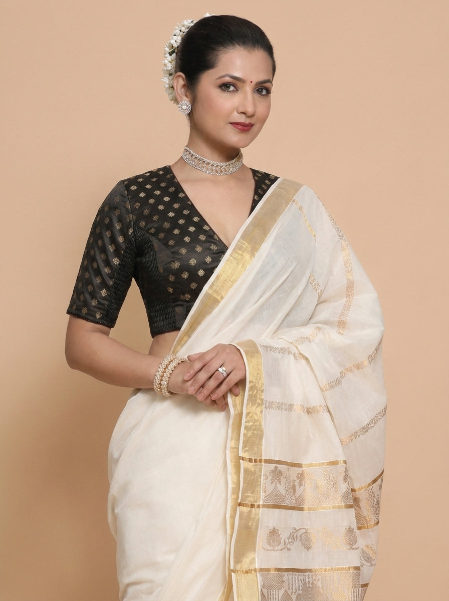 Kasavu-Kit Kasavu Saree with Aabha Elbow Sleeve blouse in Black Butta Satin Viscose