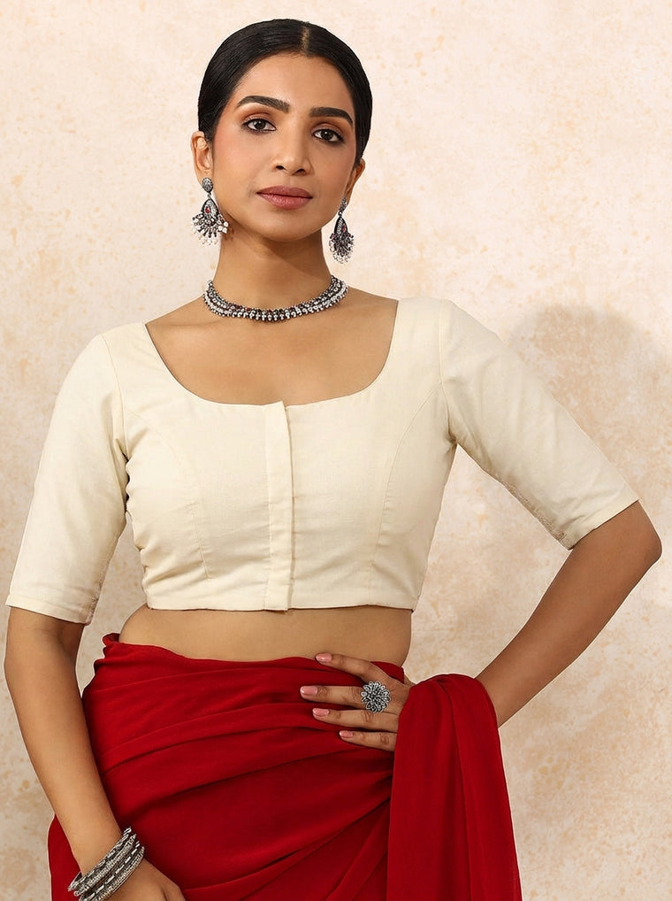 Neha Reversible Duet | Crimson Field × Chalk White Cotton-Linen Saree Blouse