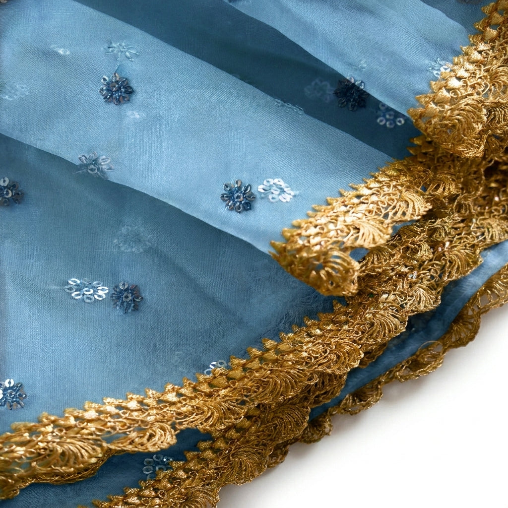 Gilheri x Tyohaar | Peach & Blue Chandheri-Organza Ruffle Sleeve Lehenga Set