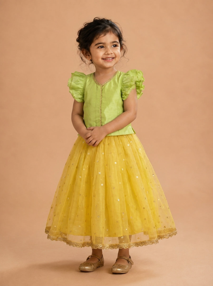 Gilheri x Tyohaar | Green & Yellow Chandheri-Organza Ruffle Sleeve Lehenga Set