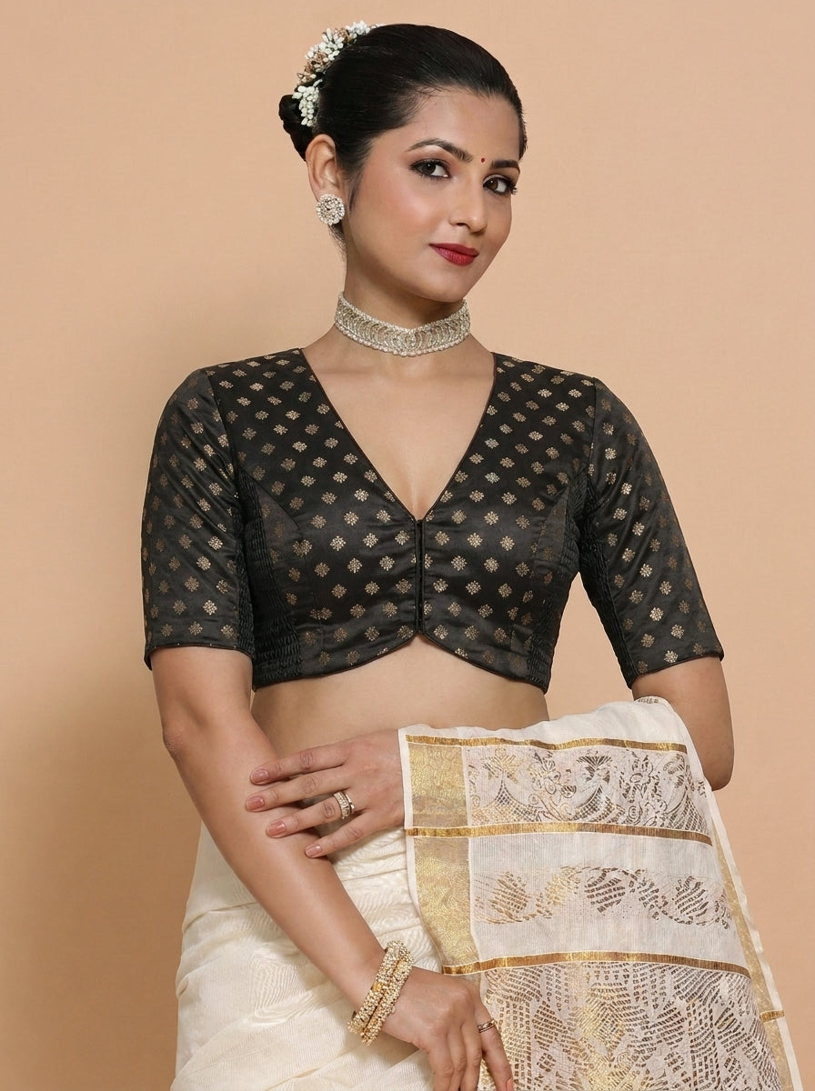 Kasavu-Kit Kasavu Saree with Aabha Elbow Sleeve blouse in Black Butta Satin Viscose