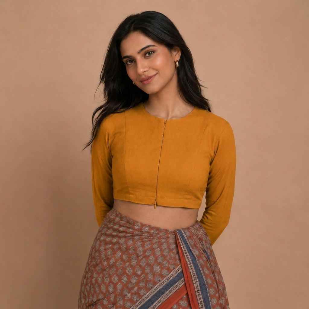 Viyanka Jewel Neck Marigold Orange Rayon Lycra StretchFit™ Saree Blouse
