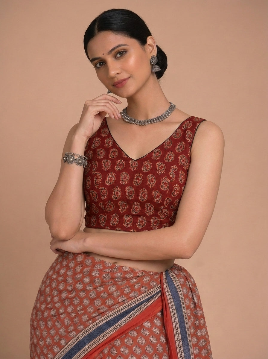 Ardha | Duet Reversible Blockprinted Red Mango & Black Solid Cotton CinchFit™ Saree Blouse