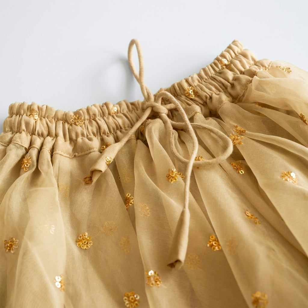 Gilheri x Tyohaar | Velvet Red & Gold Chandheri-Organza Ruffle Sleeve Lehenga Set