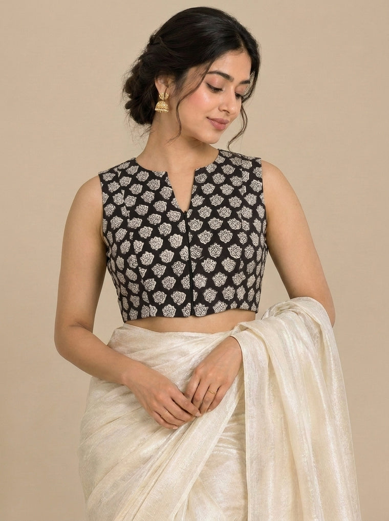 Madhvi Mood | 2-Way Zipper Sleeveless Black Floral Handblock Printed Handblock Printed Cotton FlexiFitFit™ Saree Blouse