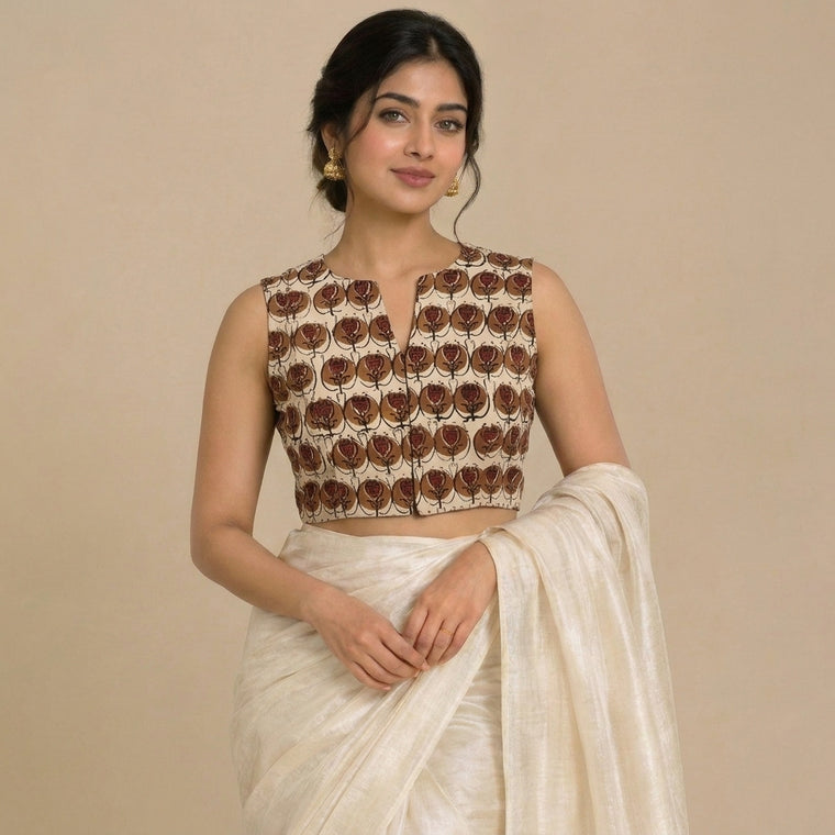 Madhvi Mood | 2-Way Zipper Sleeveless Cream Floral Handblock Printed Handblock Printed Cotton FlexiFitFit™ Saree Blouse