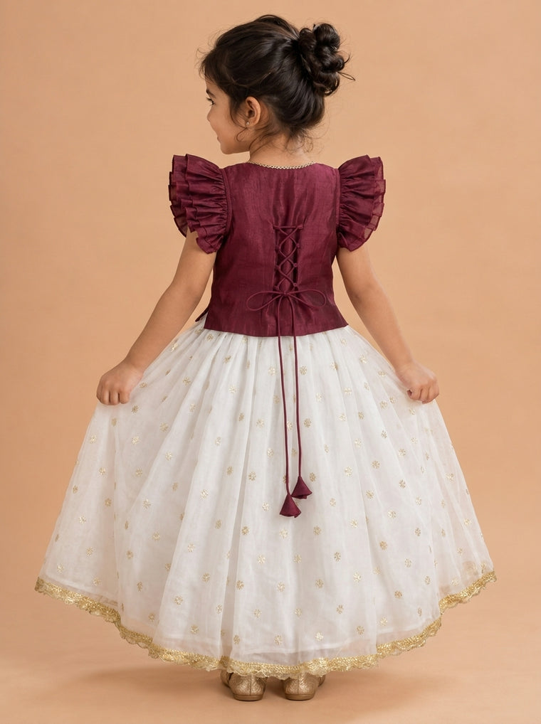 Gilheri x Tyohaar | Burgundy & White Chandheri-Organza Ruffle Sleeve Lehenga Set