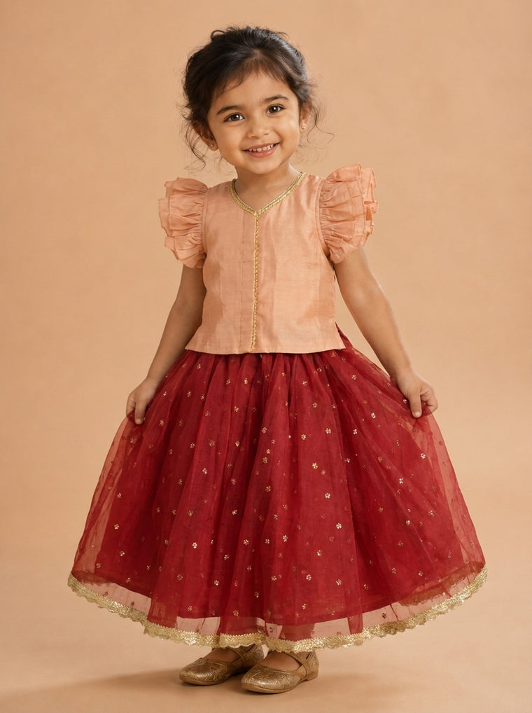 Gilheri x Tyohaar | Peach & Red Chandheri-Organza Ruffle Sleeve Lehenga Set