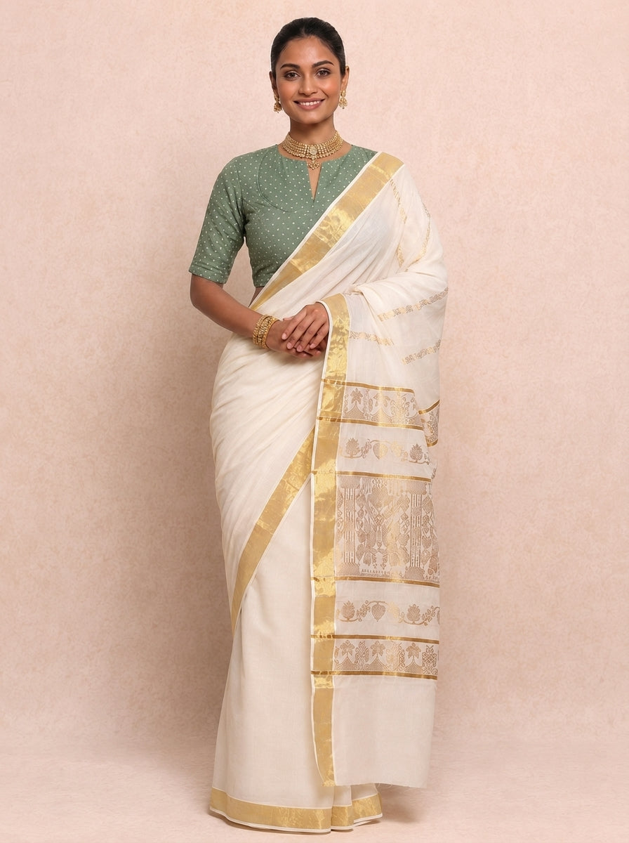Kasavu-Kit Kasavu Saree with Bindu Elbow Sleeve blouse in Green Foil Chandheri