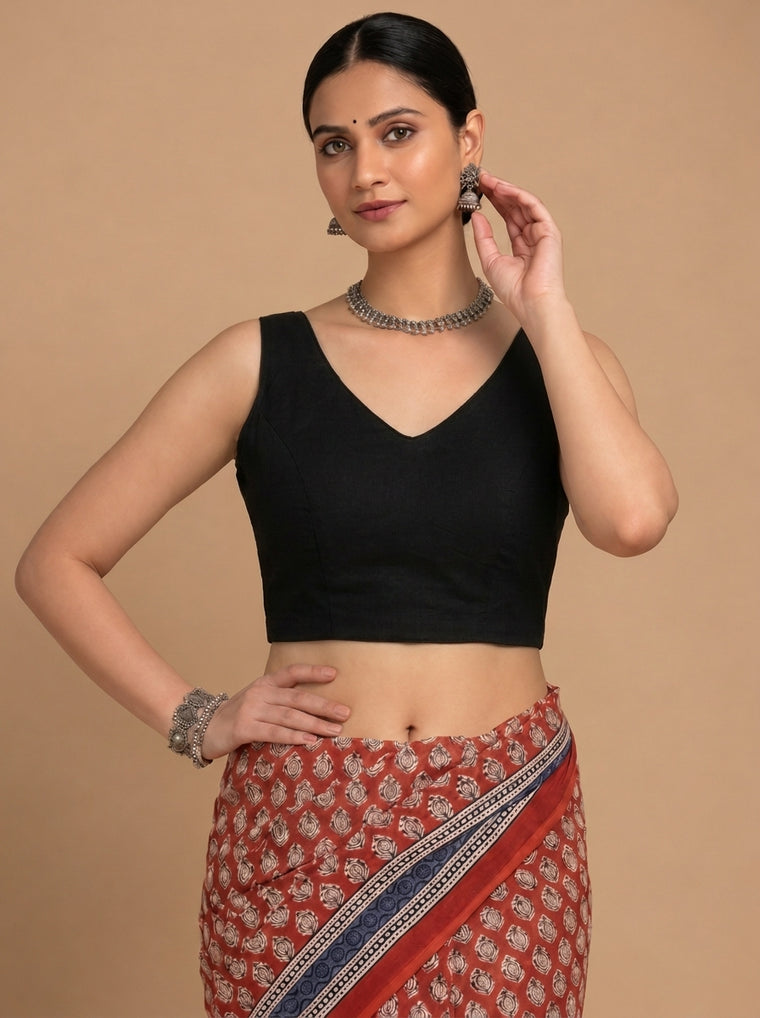 Ardha | Duet Reversible Blockprinted Indigo Geometric Motif & Black Blockprinted Cotton CinchFit™ Saree Blouse