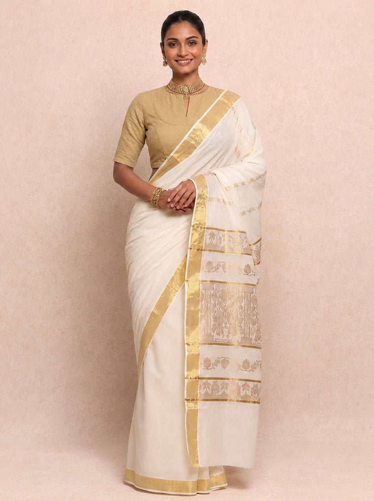 Kasavu-Kit Kasavu Saree with Bindu Elbow Sleeve blouse in Gold Foil Chandheri