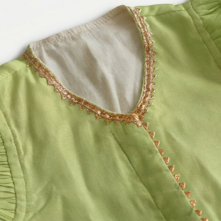 Gilheri x Tyohaar | Green & Yellow Chandheri-Organza Ruffle Sleeve Lehenga Set