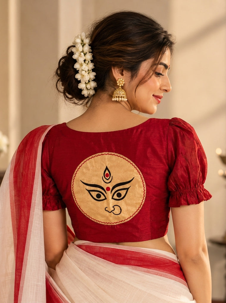 Devi | Puff Sleeve Embroidered Velvet Red Plain Chandheri SculptFit™ Saree Blouse