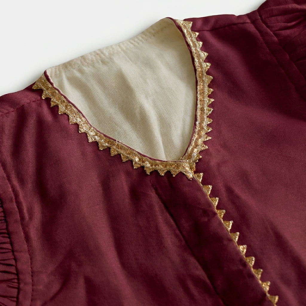 Gilheri x Tyohaar | Burgundy & White Chandheri-Organza Ruffle Sleeve Lehenga Set