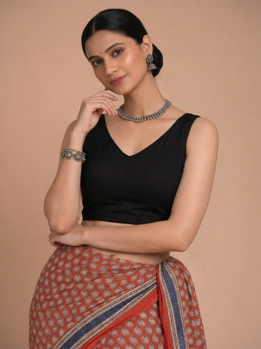 Ardha | Duet Reversible Blockprinted Red Mango & Black Solid Cotton CinchFit™ Saree Blouse