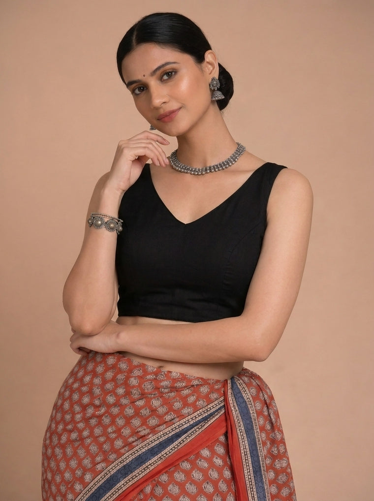 Ardha | Duet Reversible Blockprinted Red Mango & Black Solid Cotton CinchFit™ Saree Blouse