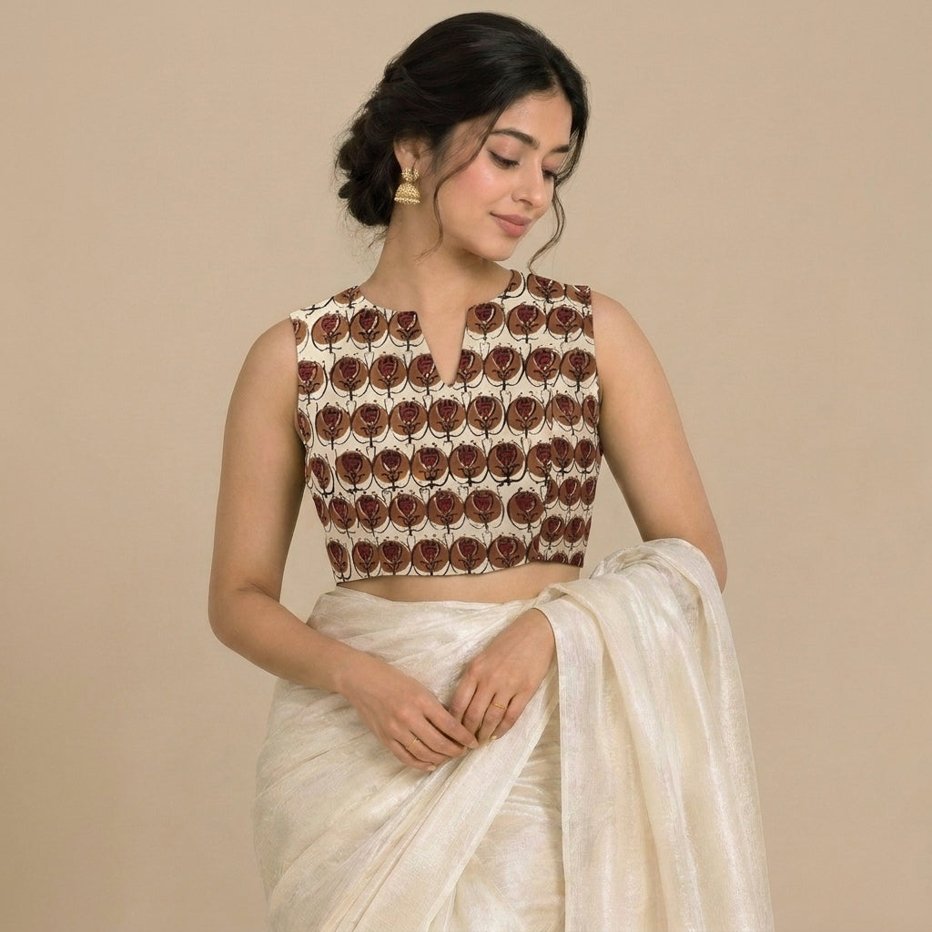 Madhvi Mood | 2-Way Zipper Sleeveless Cream Floral Handblock Printed Handblock Printed Cotton FlexiFitFit™ Saree Blouse