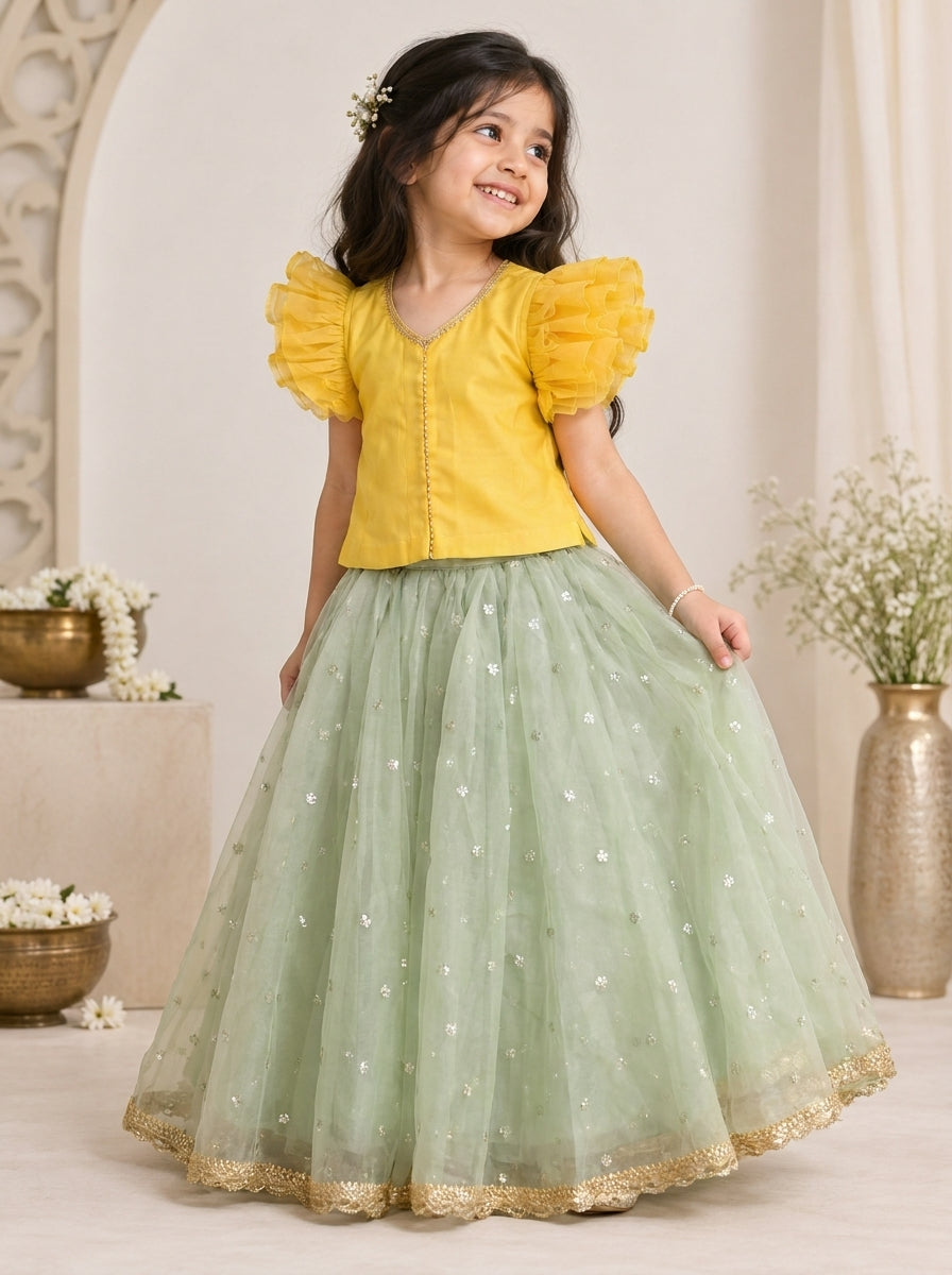 Gilheri x Tyohaar | Yellow & Green Chandheri-Organza Ruffle Sleeve Lehenga Set