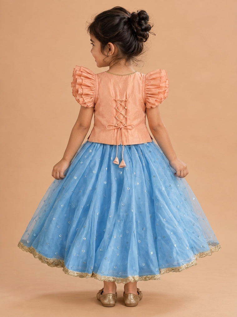 Gilheri x Tyohaar | Peach & Blue Chandheri-Organza Ruffle Sleeve Lehenga Set