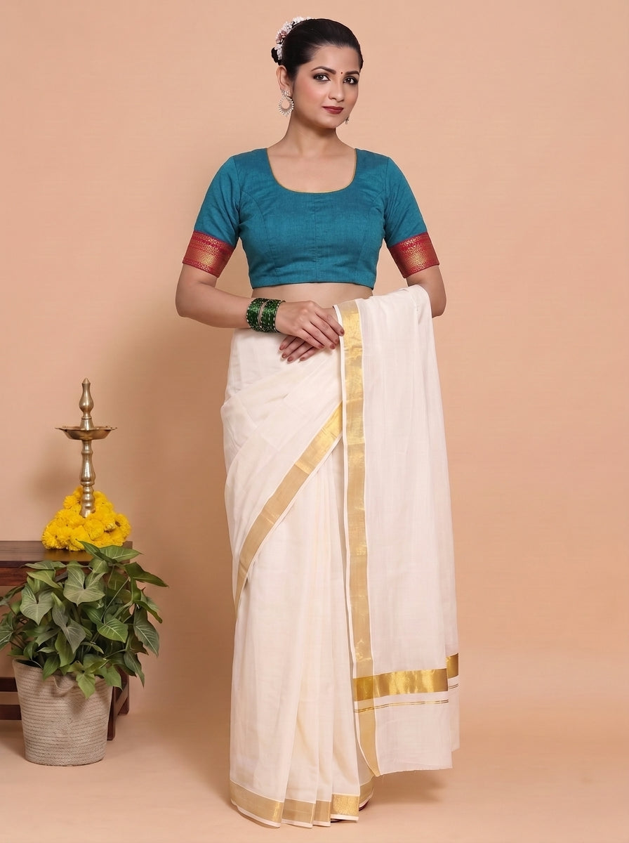 Kasavu-Kit Kasavu Saree with Varsha Sleeveless blouse in Cerulean Blue Mangalgiri